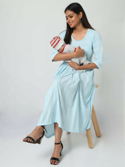 Manet Three Fourth Maternity Dress Striped With Concealed Zipper Nursing Access - Light Blue - Distacart