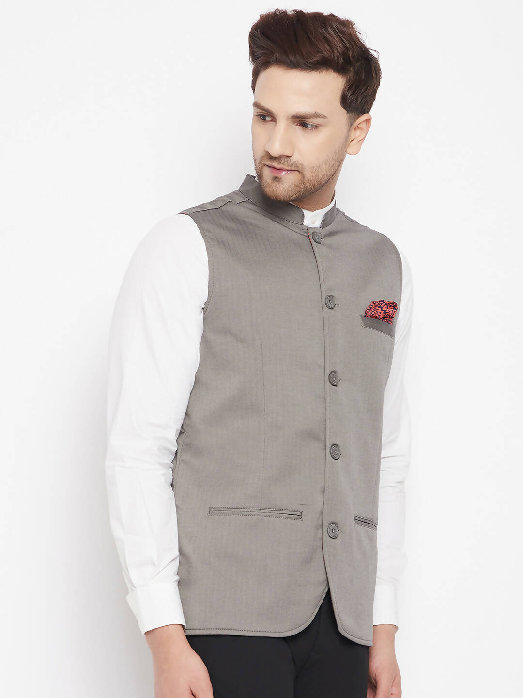 Even Apparels Grey Polyester Men's Nehru Jacket-Contrast Lining-Inbuilt Pocket Square - Distacart
