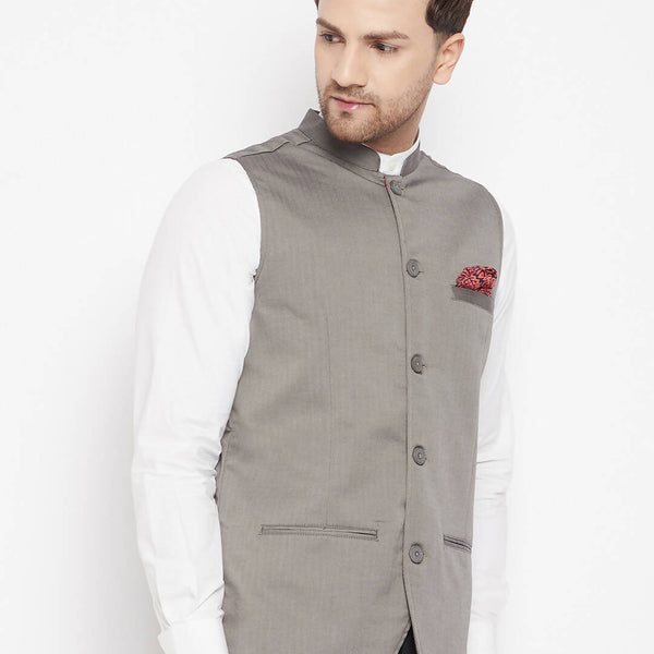 Even Apparels Grey Polyester Men's Nehru Jacket-Contrast Lining-Inbuilt Pocket Square - Distacart