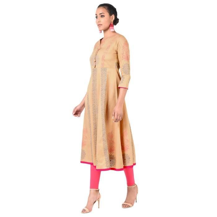 Aniyah Cotton Floral Print Anarkali Kurta In Beige (AN-165K)