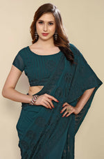 Thumbnail for Teal Georgette Embroidered and Stone Work Saree with Unstitched Blouse Piece - Roozal - Distacart