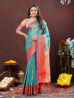 Thumbnail for Lorenvalley Fashion Skyblue Kanjivaram Silk Woven Design with Zari Weaving Saree - Distacart