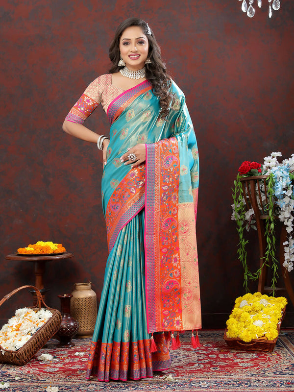 Lorenvalley Fashion Skyblue Kanjivaram Silk Woven Design with Zari Weaving Saree - Distacart