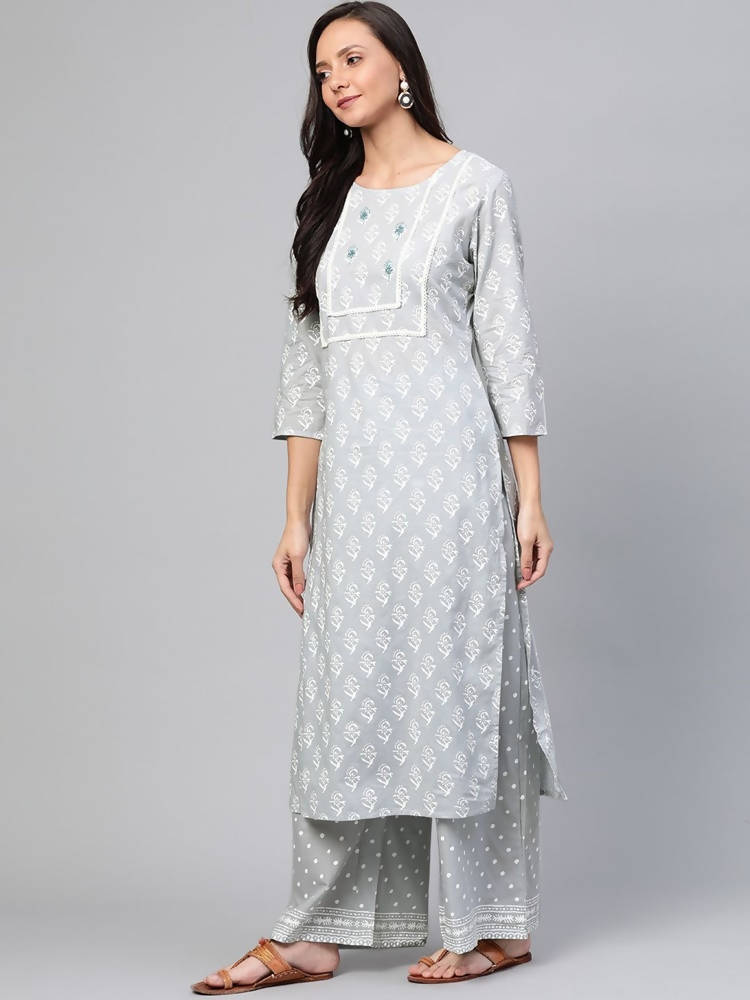 Yufta Grey and White Printed Kurta With Palazzo and Dupatta Set