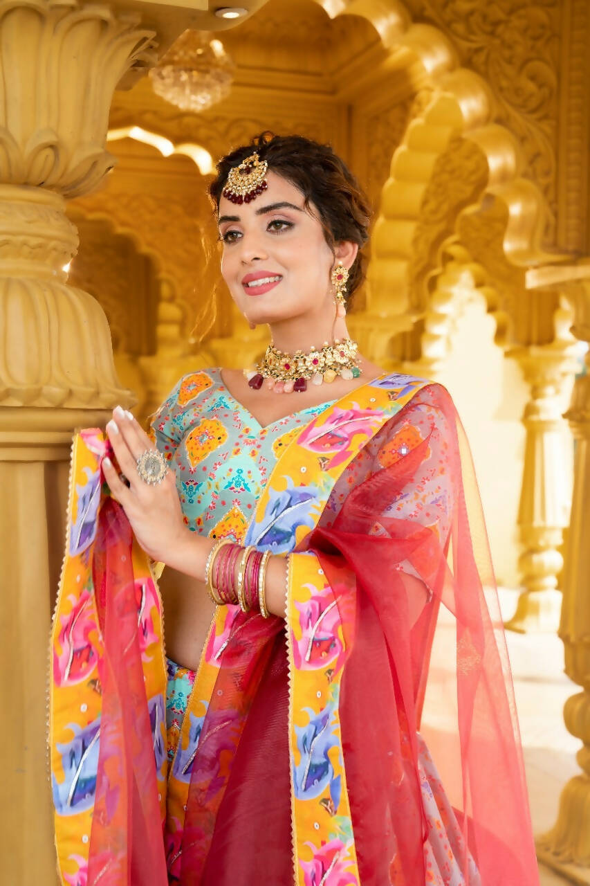 InfinitySaree Designer Sky Blue Lehenga Choli for Women, Printed and Mirror Work Lehengas Set - Distacart