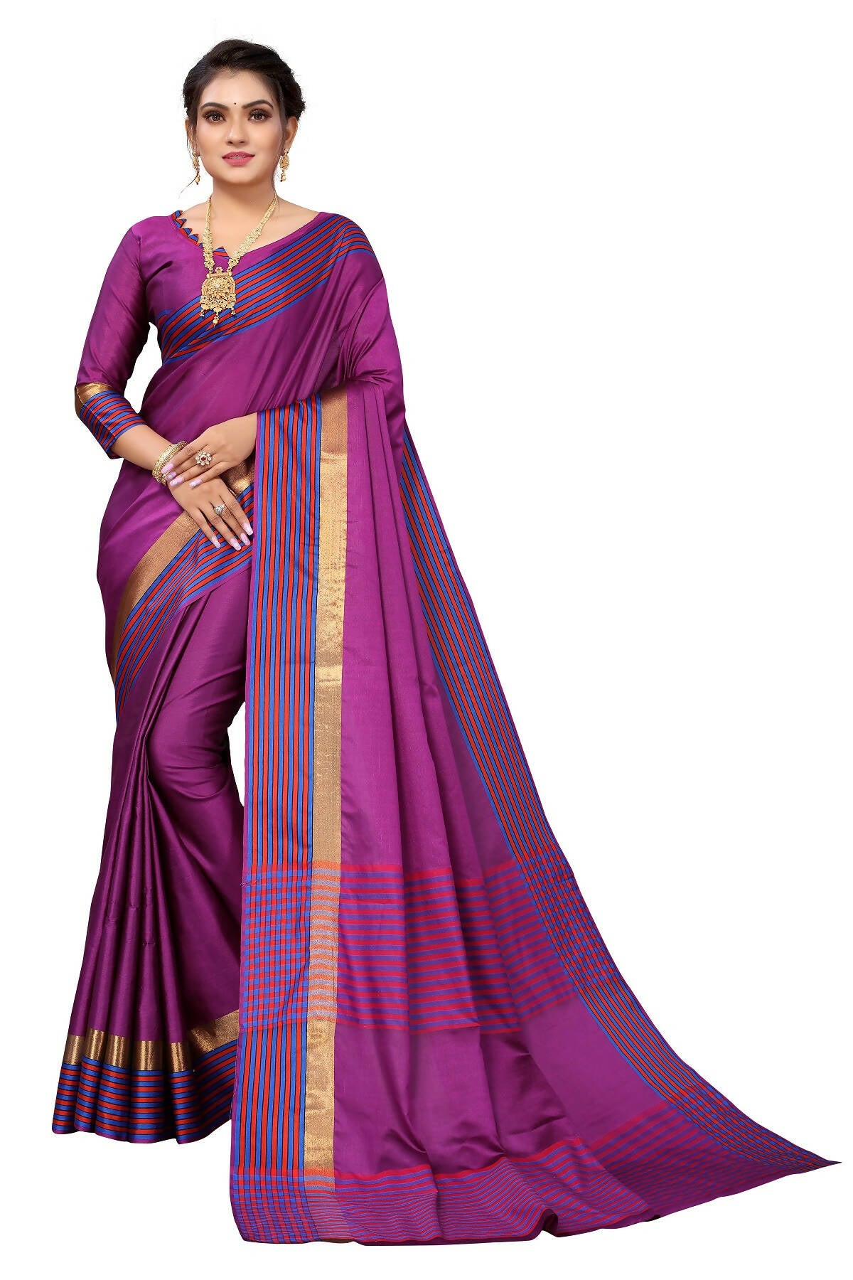 Vamika Ethnic Fire Purple Cotton Silk Saree - Distacart