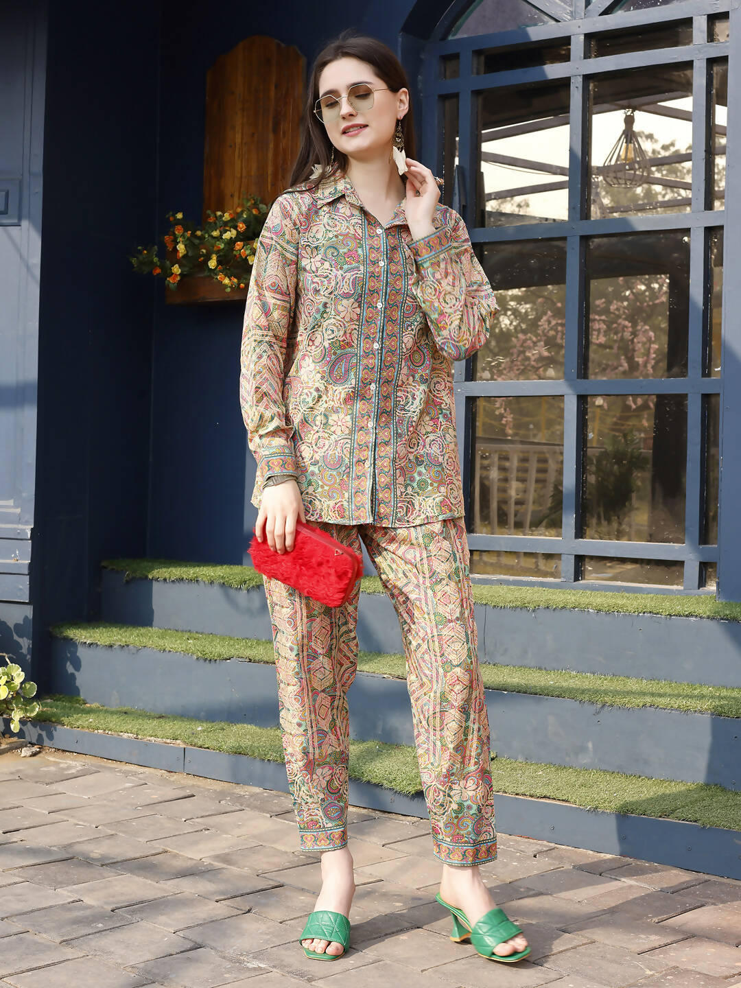 Orange & Green Rayon Paisley & Floral Printed Top with Matching Bottom - Eesha - Distacart