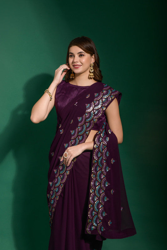 Malishka Women's Wine Georgette Embroidery Saree With Blouse Piece - Distacart