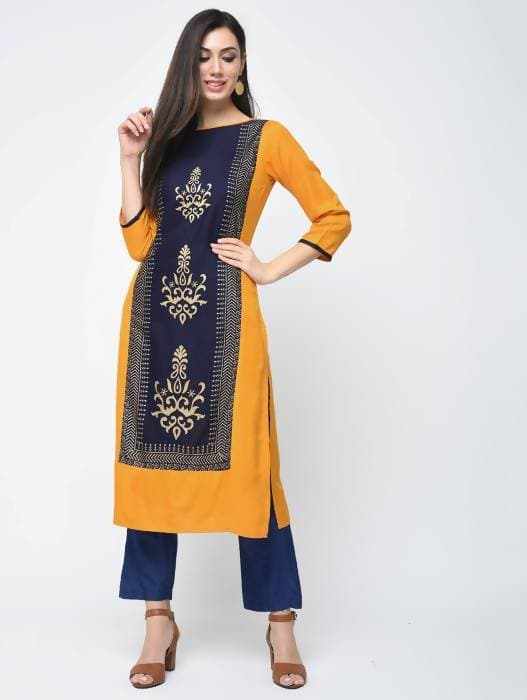 Aniyah Rayon Block Printed Straight Kurta In Mustard And Blue (AN-119K)