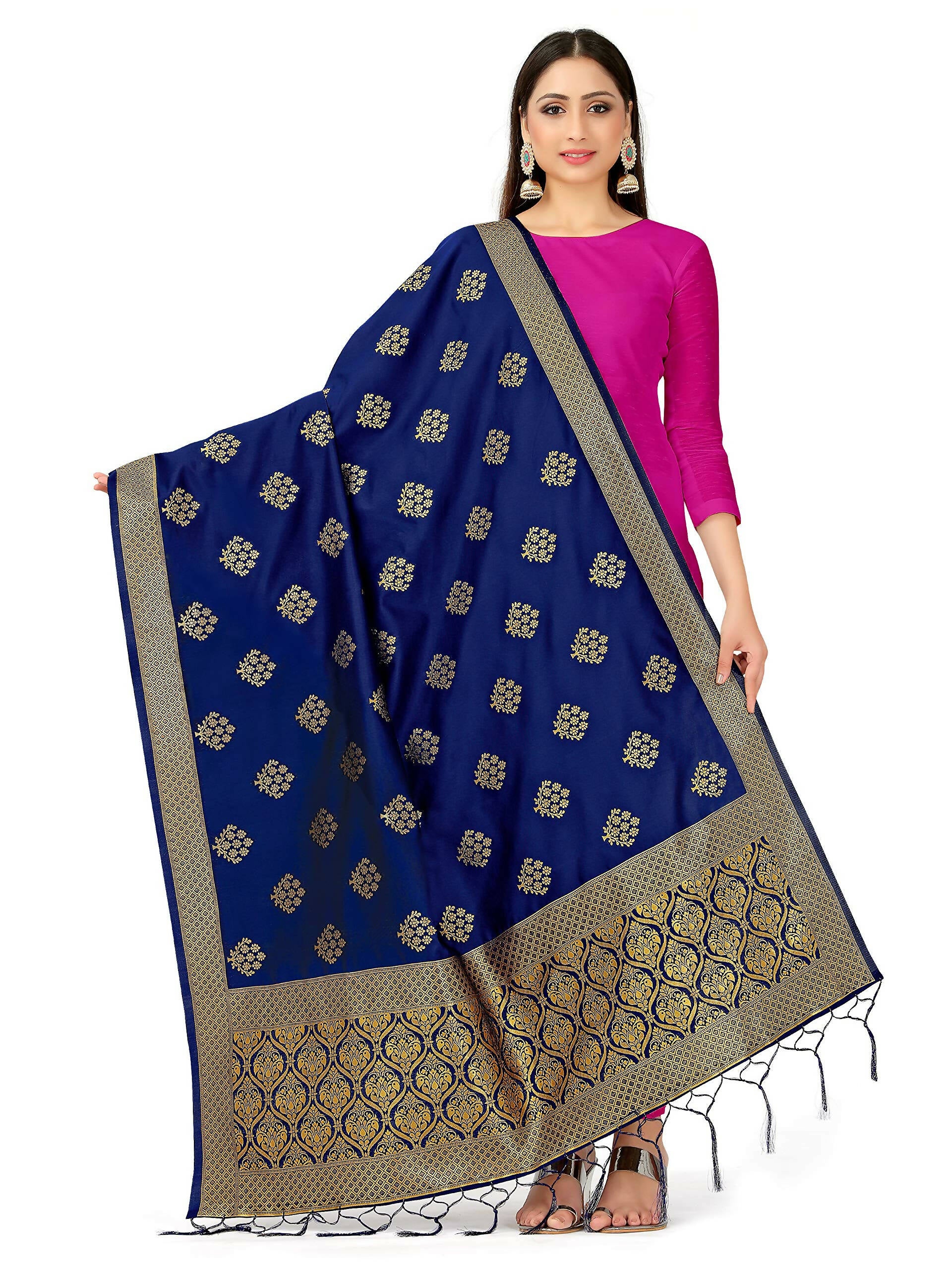 Mimosa Women's Floral Art Silk Navy Blue Dupatta - Distacart