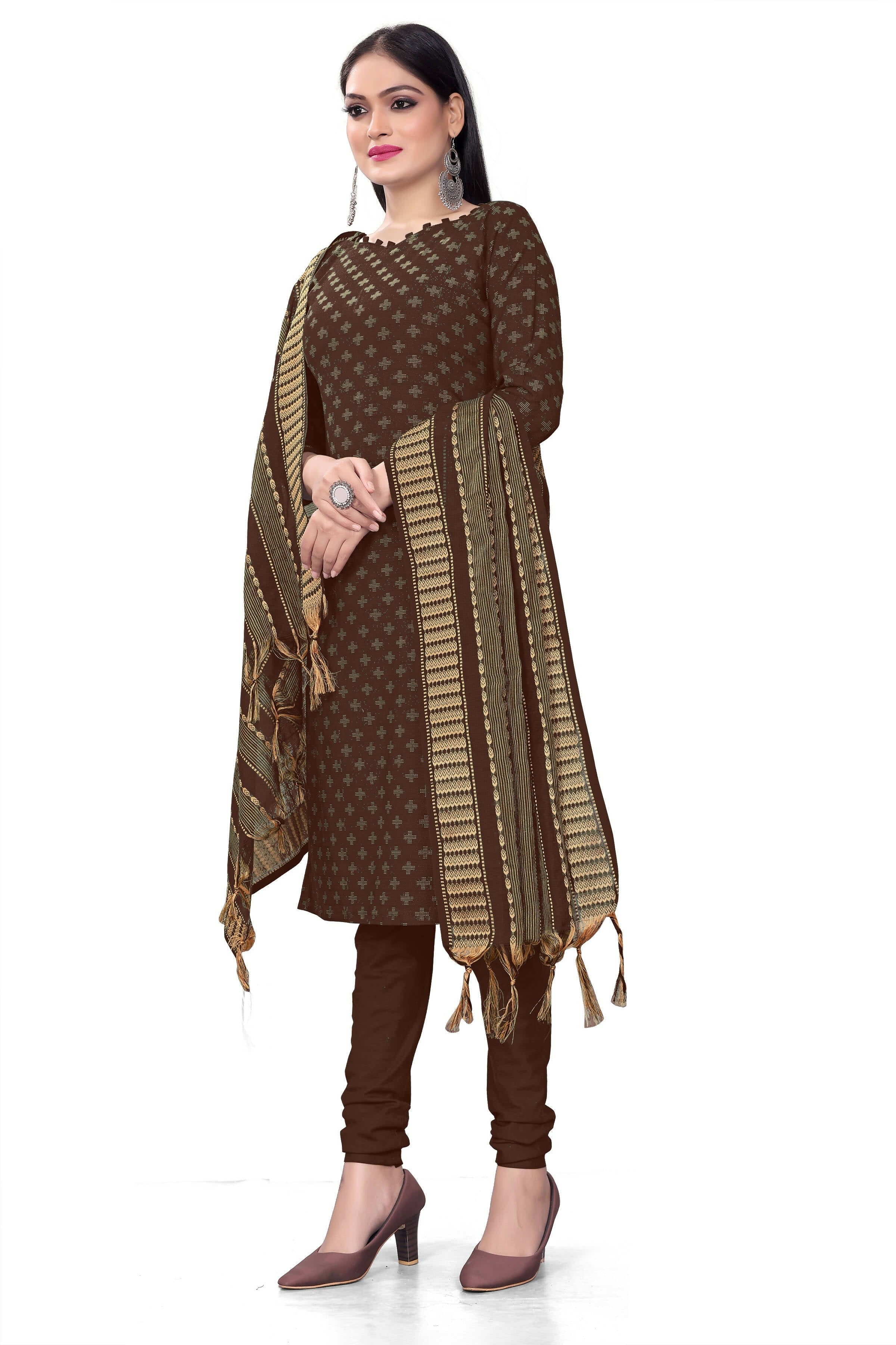 Brown Cotton Jacquard Woven Unstitched Dress Material - Amara - Distacart