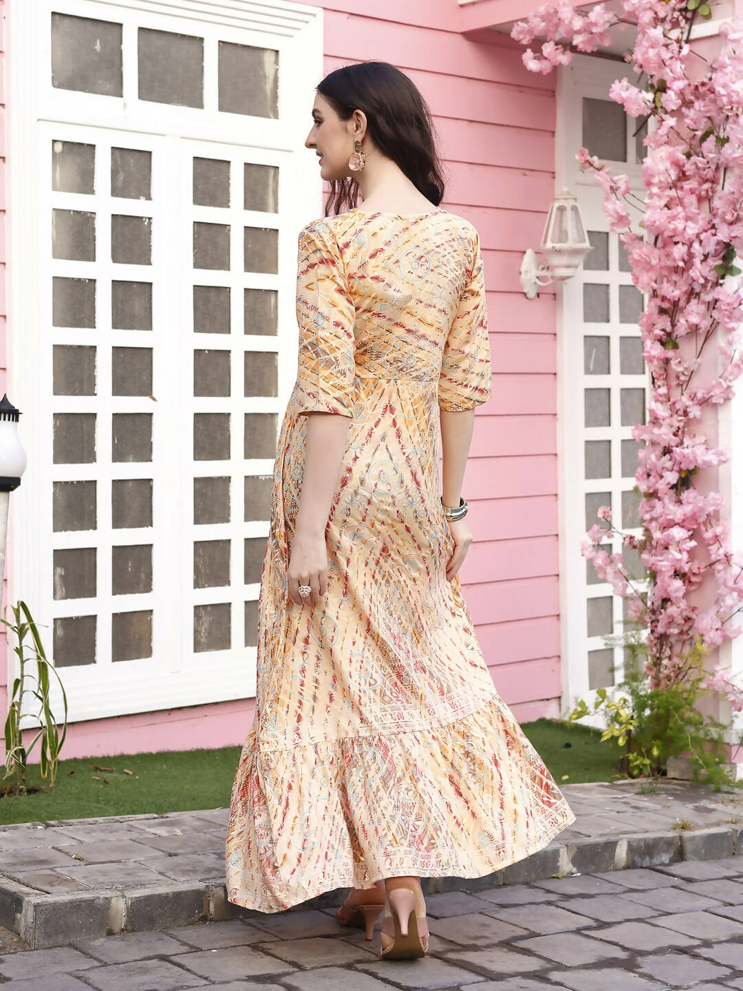 Peach Rayon Foil Printed Long Dress - Michan - Distacart