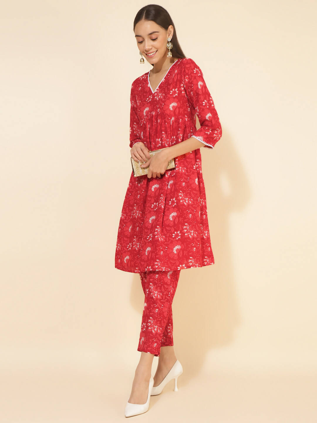 Janasya Women's Red Cotton Floral Printed Casual Flared Co-ords - Distacart