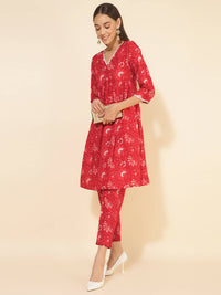 Thumbnail for Janasya Women's Red Cotton Floral Printed Casual Flared Co-ords - Distacart