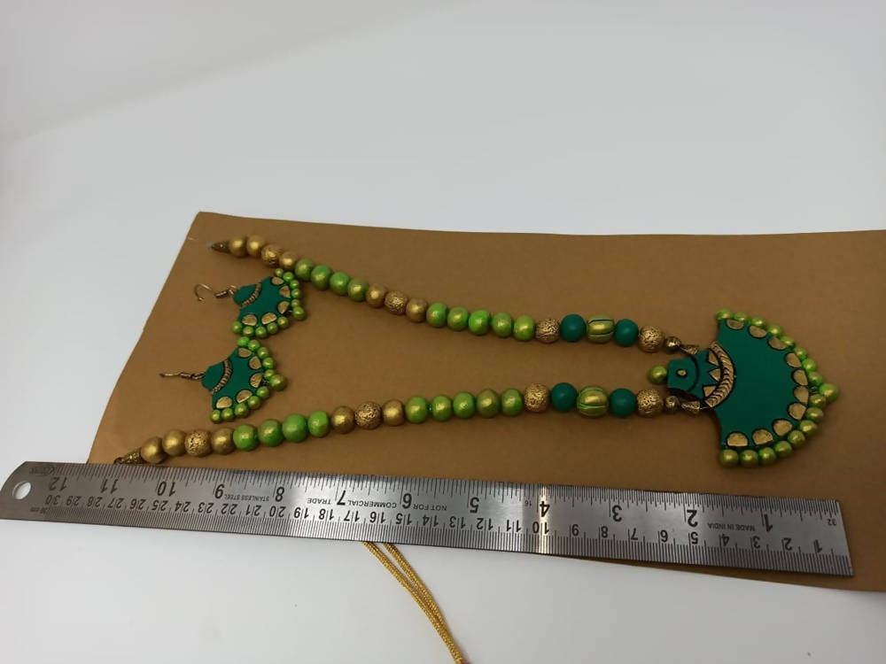 Terracotta Green Long Necklace Set with Matching Earrings