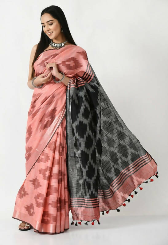 Mominos Fashion Moeza Gajari & Black Bhagalpuri Handloom Ikat Pure Cotton Saree with unstitched Blouse piece - Distacart