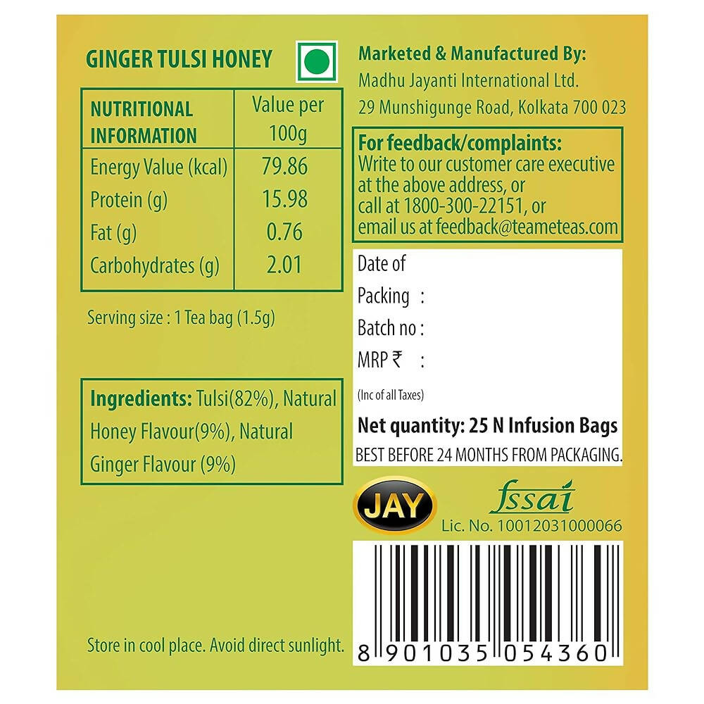 TE-A-ME Charge Ginger Tulsi Honey Herbal Infusion Tea Bags - Distacart