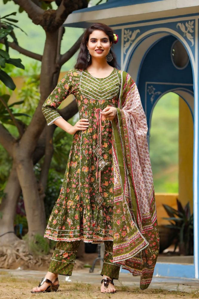 Yufta Women Green Printed Kurta With Trouser & Dupatta