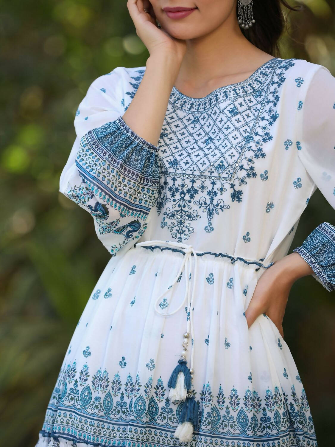 Juniper Women Off-White Georgette Printed Short Tiered Dress with Embroidered Yoke - Distacart
