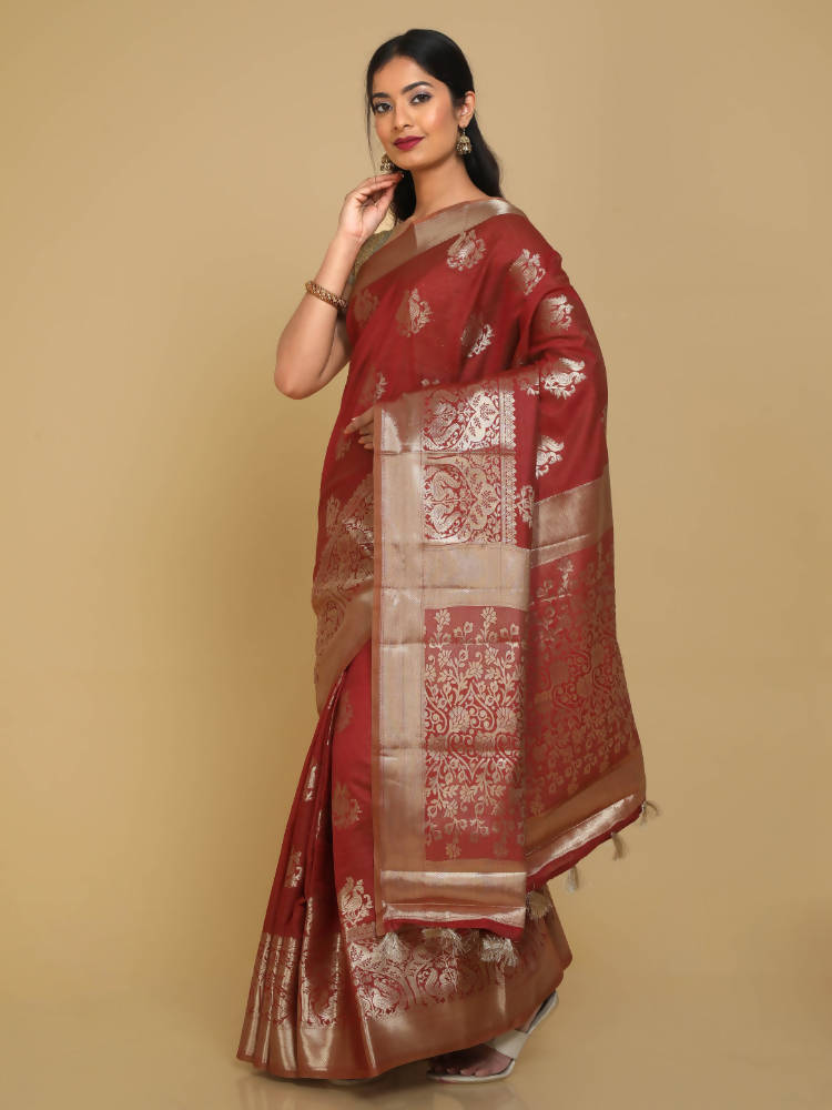 Kalamandir Peacock Print Red Silk Blend Saree