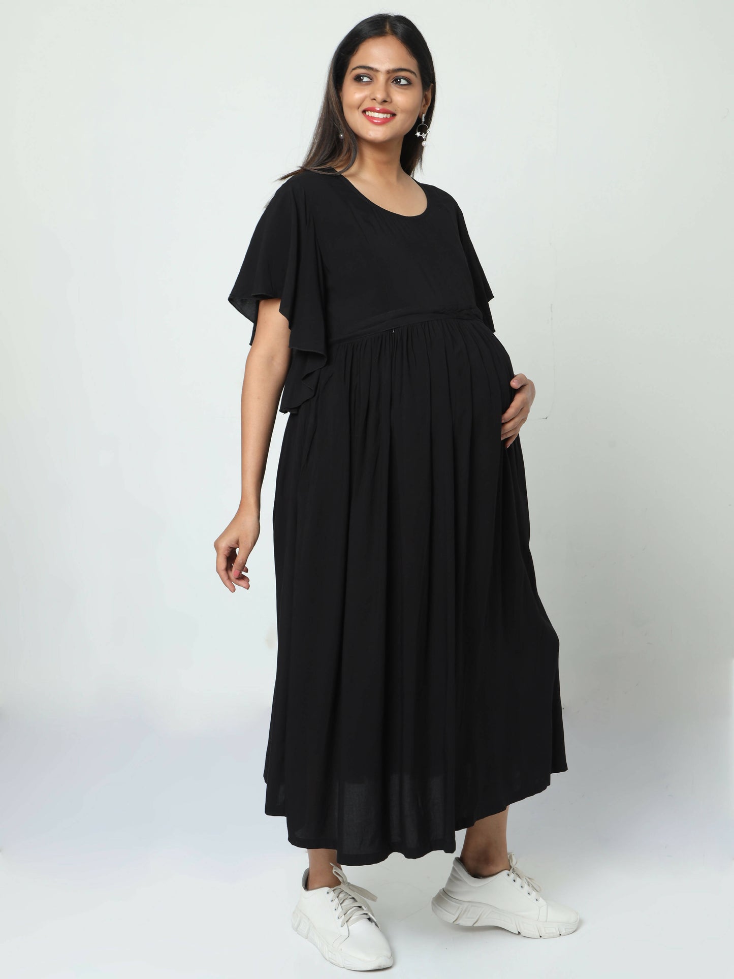 Manet Maternity Frill Slevee Solid Dress With Concealed Zipper Nursing Access - Black - Distacart