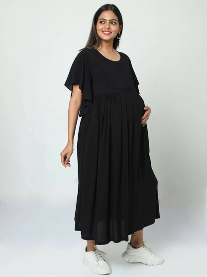 Manet Maternity Frill Slevee Solid Dress With Concealed Zipper Nursing Access - Black - Distacart