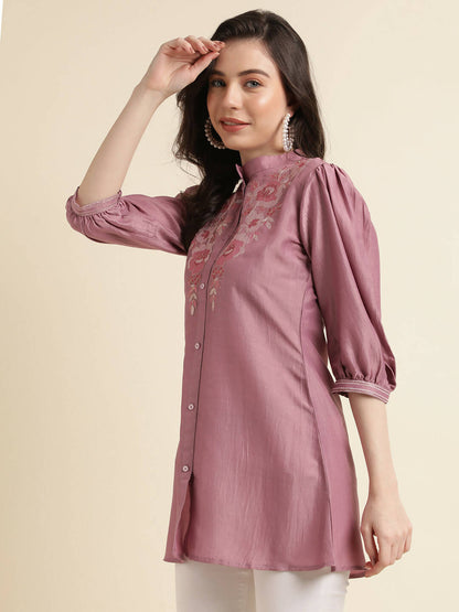 Dust Pink Chinon Yoke Embroidered A-line Top - Tarini - Distacart