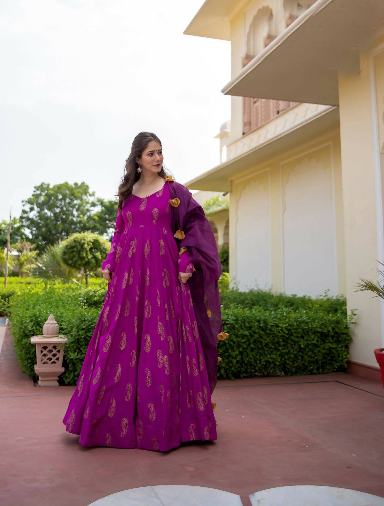 Purple Pure Reyon Gold Foil Work Stitched Suit With Dupatta - Anbazaar - Distacart