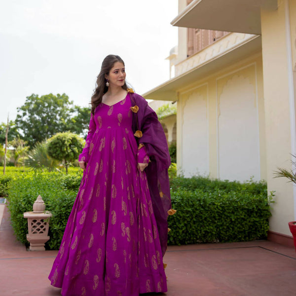 Purple Pure Reyon Gold Foil Work Stitched Suit With Dupatta - Anbazaar - Distacart