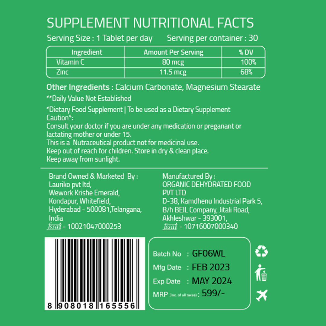 Laurik Plant Based Vitamin C With Zinc Supplements Tablets For Men & Women | Maintain Energy Levels & Boost Immunity - Distacart