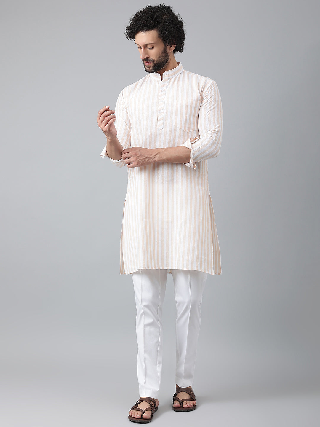 RIAG Beige Color Long Sleeves Ethnic Men's Cotton Long Kurta - Distacart