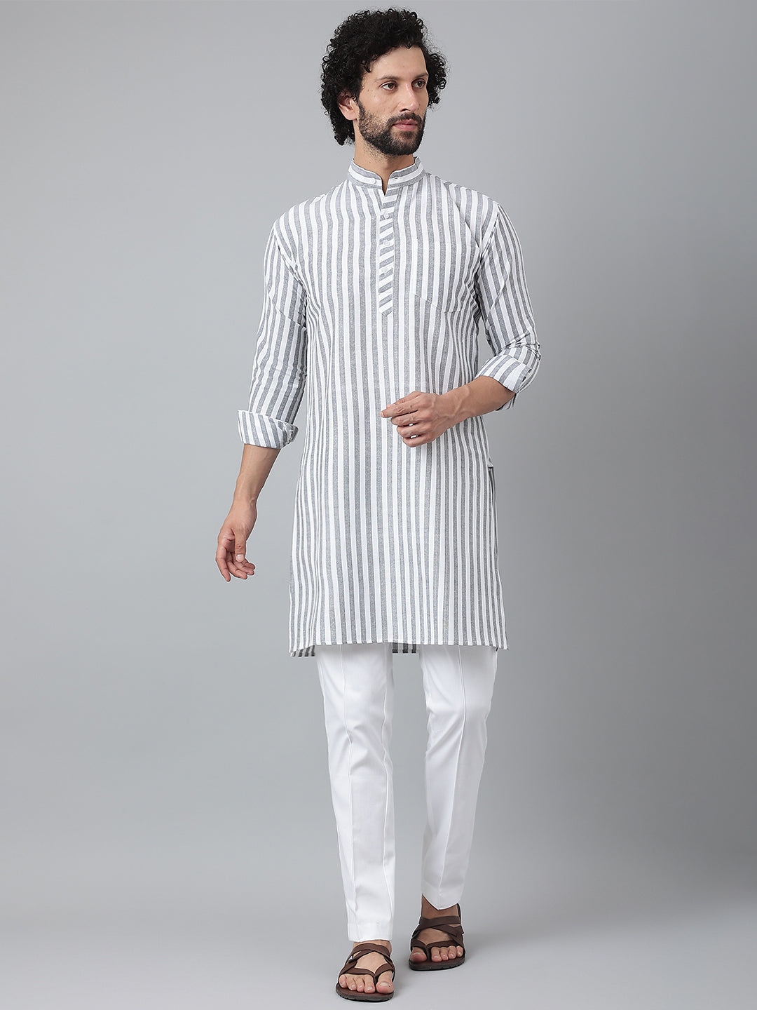 RIAG Grey Color Long Sleeves Ethnic Men's Cotton Long Kurta - Distacart