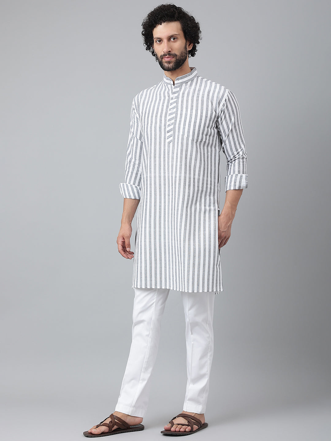 RIAG Grey Color Long Sleeves Ethnic Men's Cotton Long Kurta - Distacart