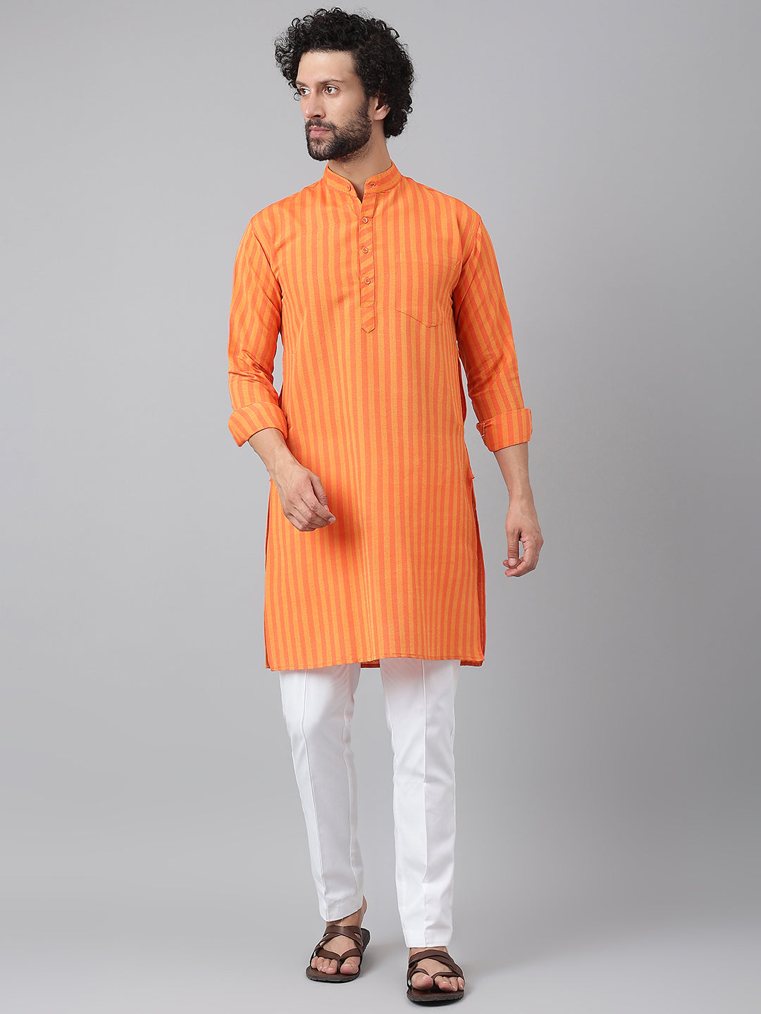 RIAG Orange Color Long Sleeves Ethnic Men's Cotton Long Kurta - Distacart