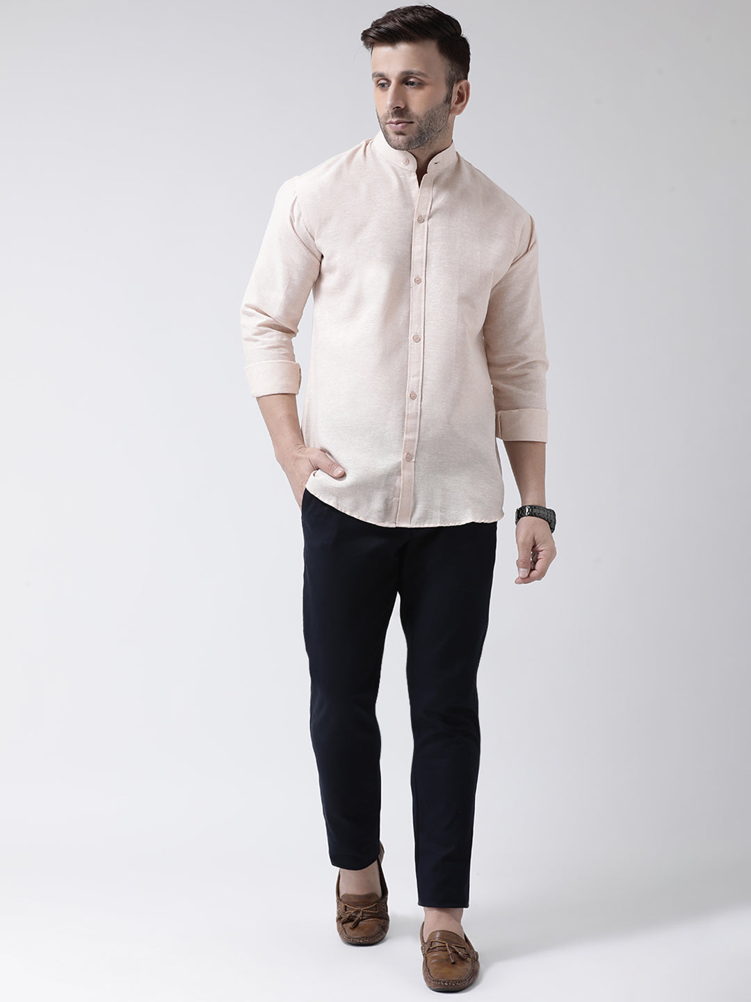 RIAG Beige Men's Chinese Collar Full Sleeves Shirt - Distacart