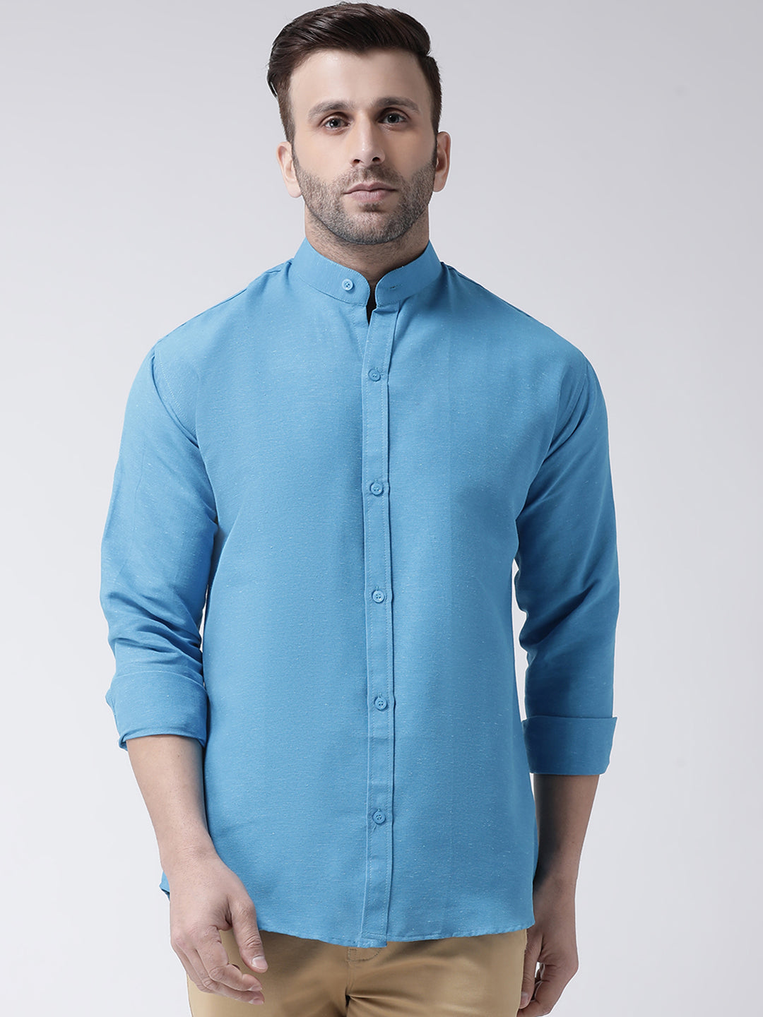 RIAG Firozi Blue Men's Chinese Collar Full Sleeves Shirt - Distacart
