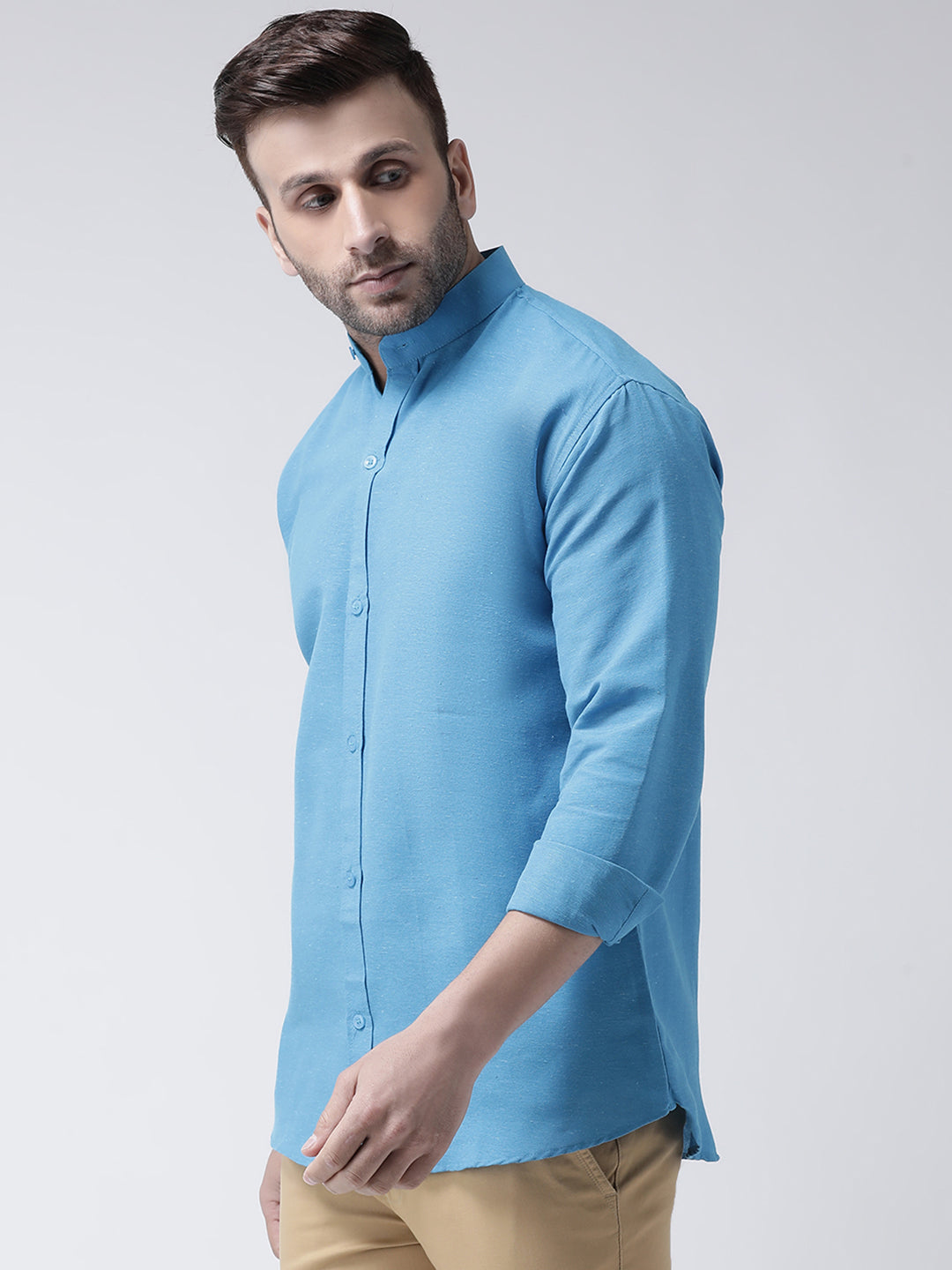 RIAG Firozi Blue Men's Chinese Collar Full Sleeves Shirt - Distacart