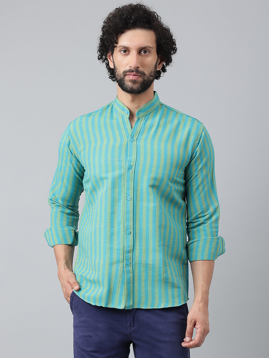 RIAG Blue Men's Chinese Collar Full Sleeves Shirt - Distacart