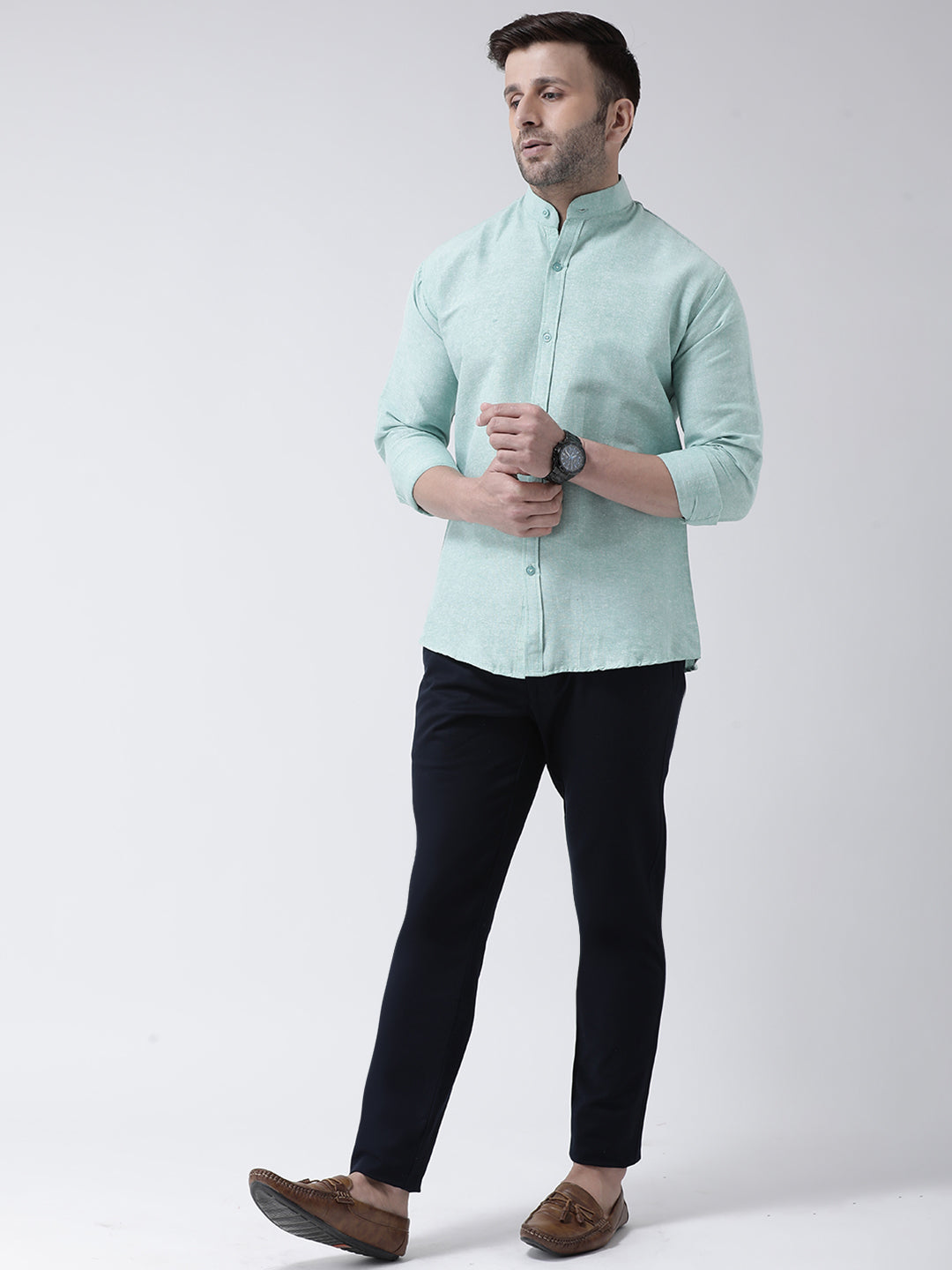 RIAG Green Men's Chinese Collar Full Sleeves Shirt - Distacart