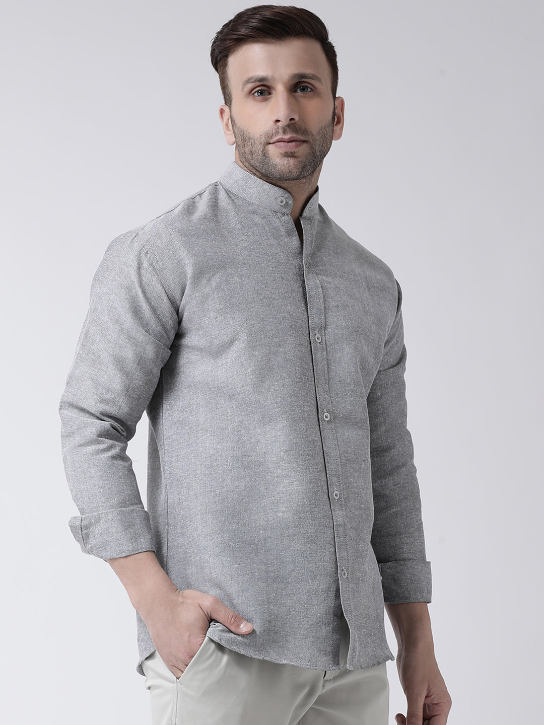 RIAG Grey Men's Chinese Collar Full Sleeves Shirt - Distacart