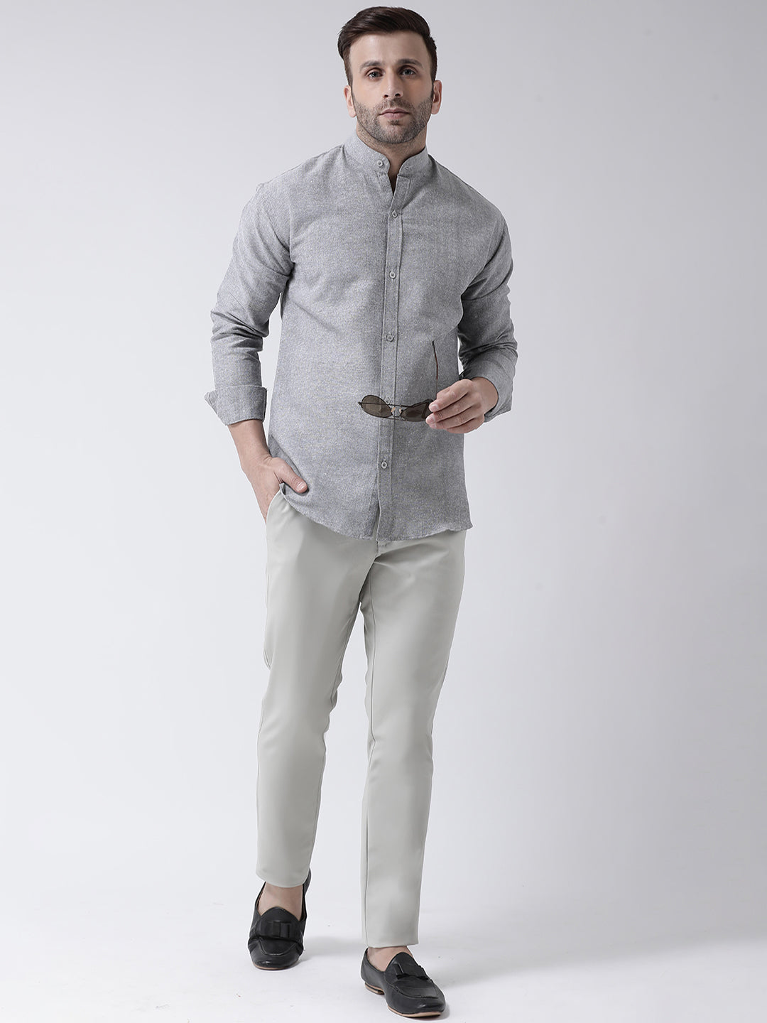 RIAG Grey Men's Chinese Collar Full Sleeves Shirt - Distacart