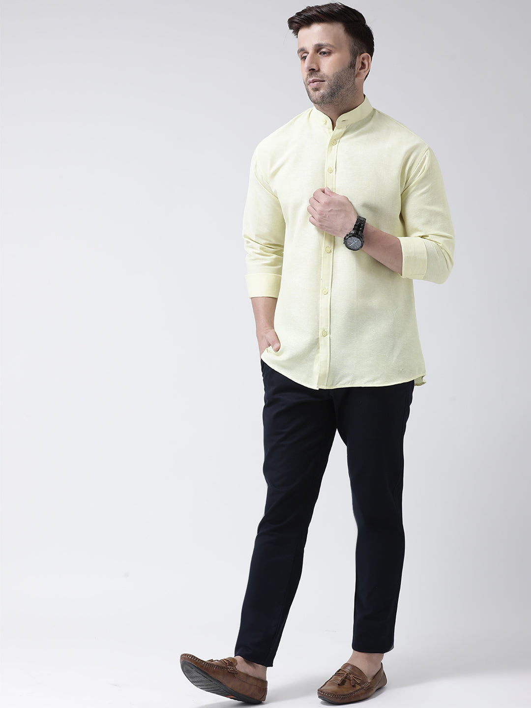 RIAG Yellow Men's Chinese Collar Full Sleeves Shirt - Distacart