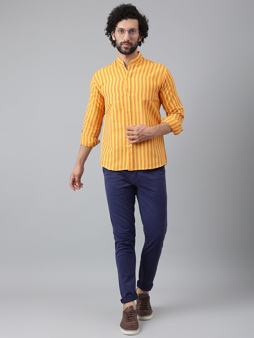 RIAG Yellow Men's Chinese Collar Full Sleeves Shirt - Distacart
