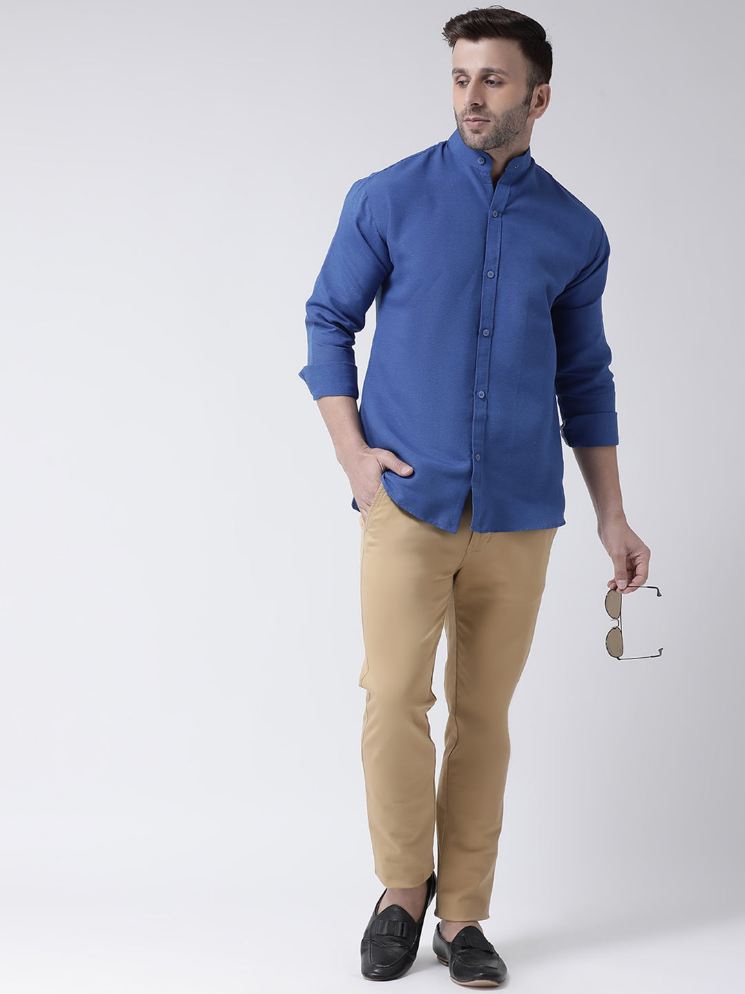 RIAG Navy Blue Men's Chinese Collar Full Sleeves Shirt - Distacart