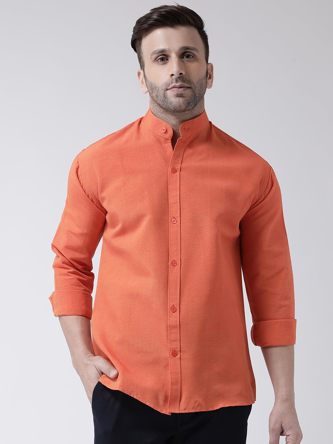 RIAG Orange Men's Chinese Collar Full Sleeves Shirt - Distacart