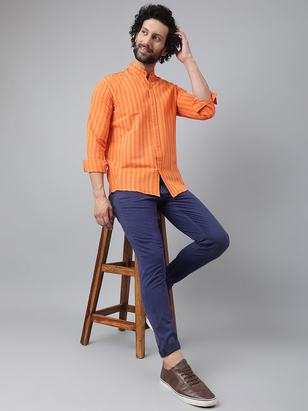 RIAG Orange Men's Chinese Collar Full Sleeves Shirt - Distacart