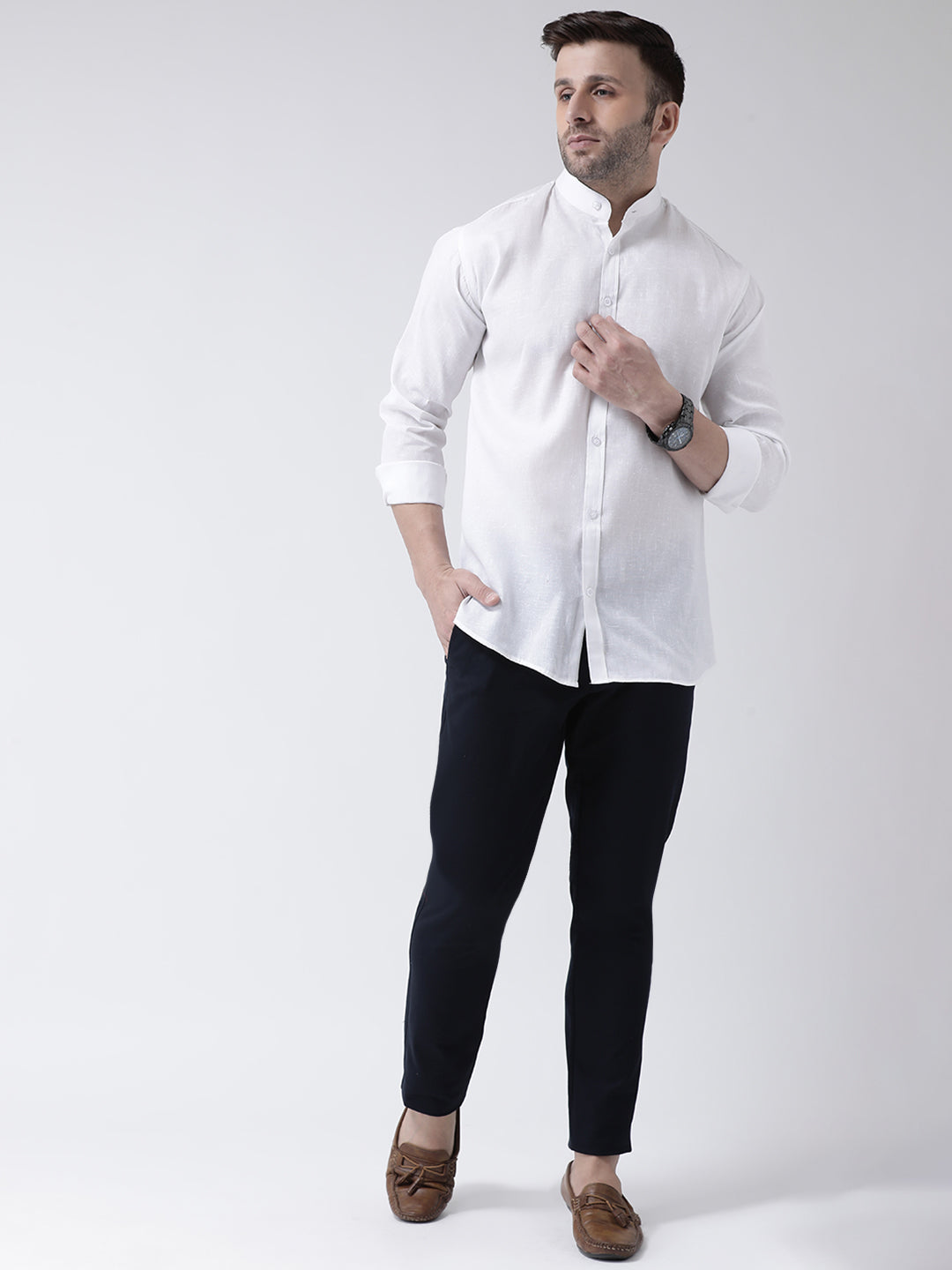 RIAG White Men's Chinese Collar Full Sleeves Shirt - Distacart