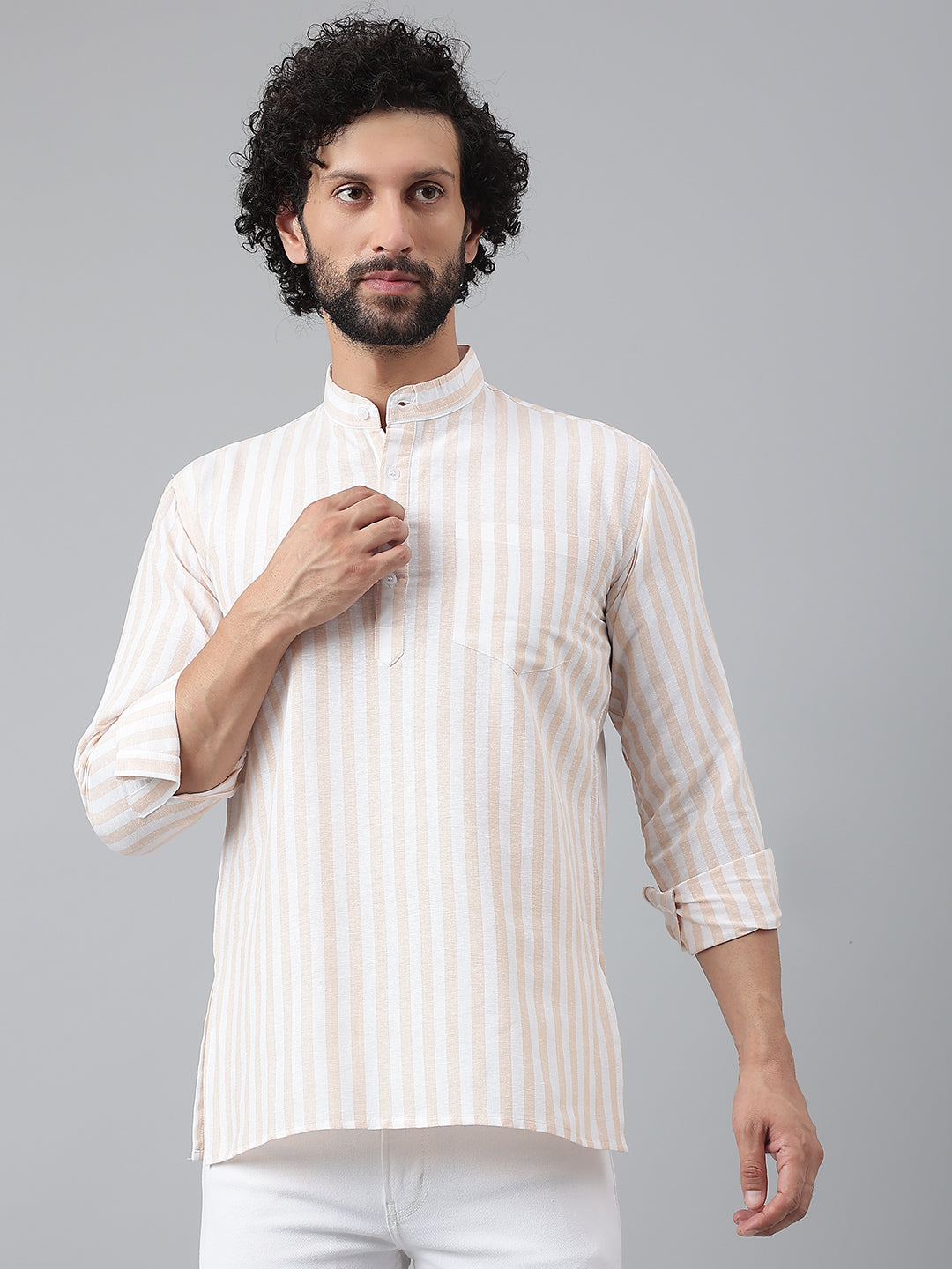 RIAG Beige Color Long Sleeves Casual Men's Cotton Short Kurta - Distacart