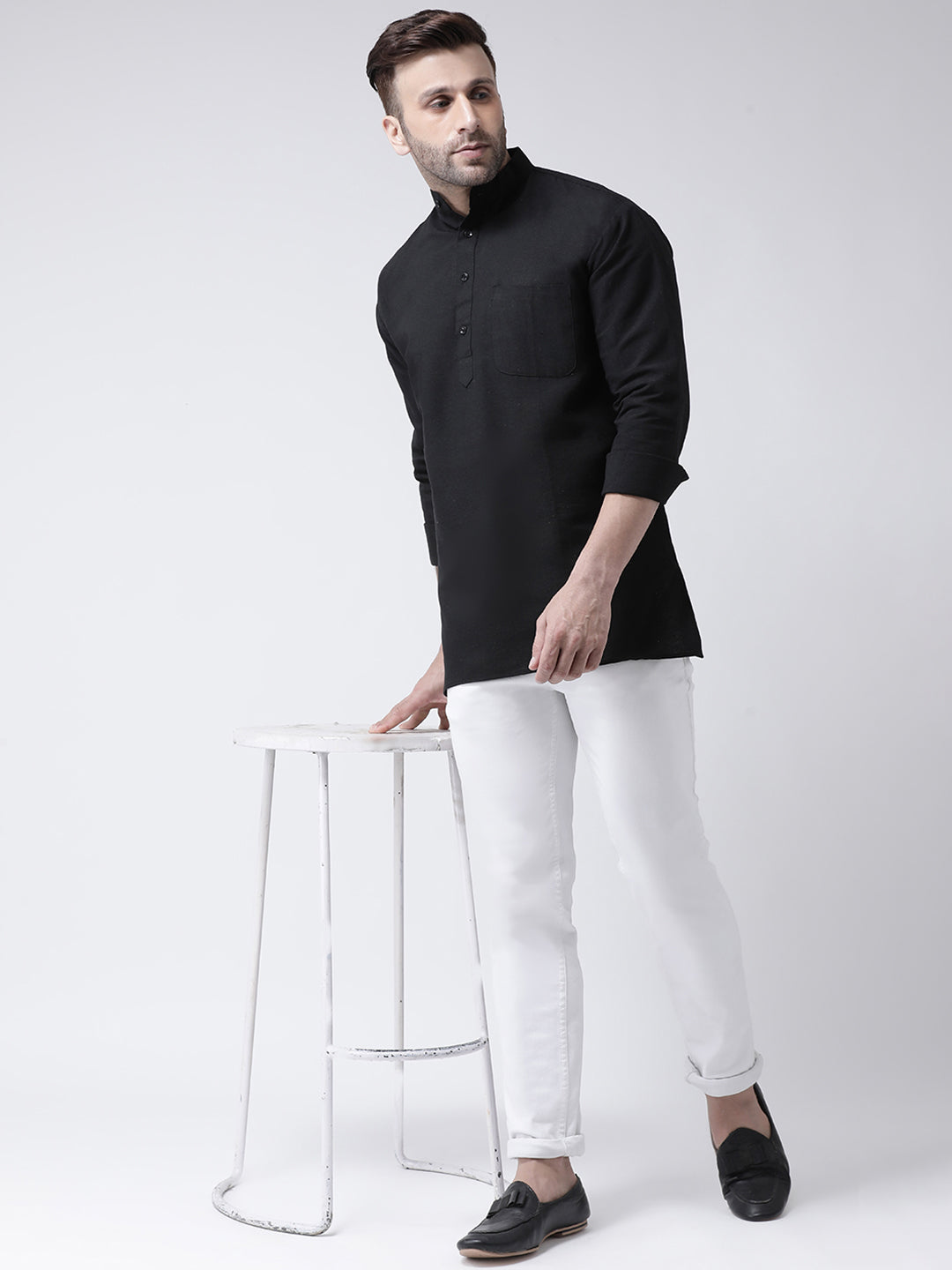 RIAG Black Color Long Sleeves Men's Cotton Short Kurta - Distacart