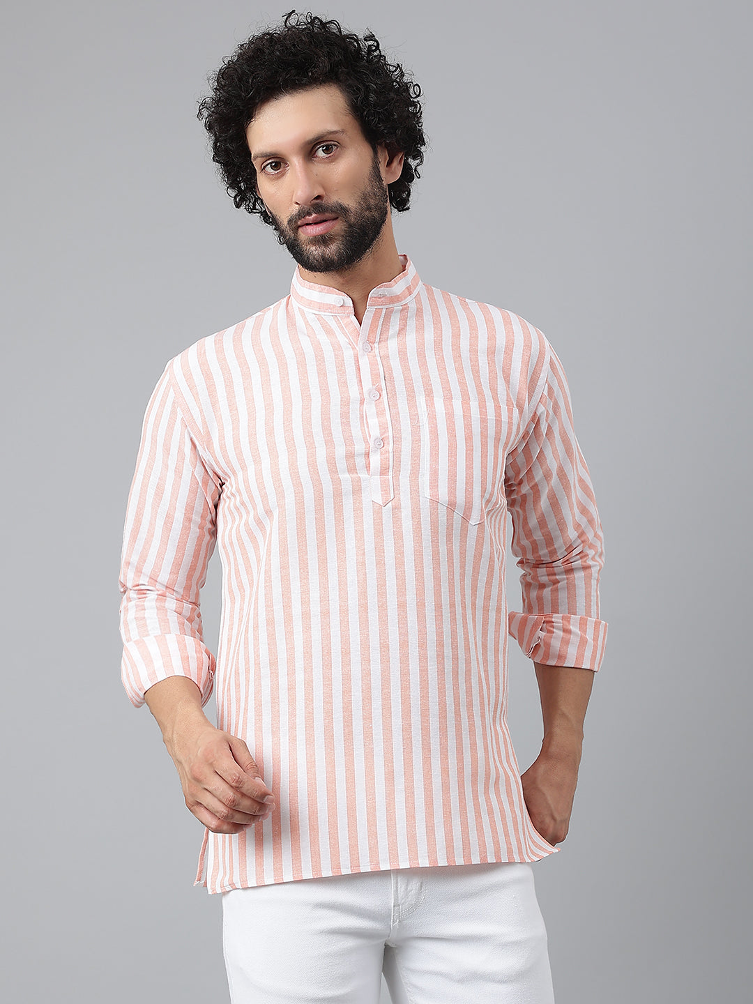 RIAG Orange Color Long Sleeves Casual Men's Cotton Short Kurta - Distacart